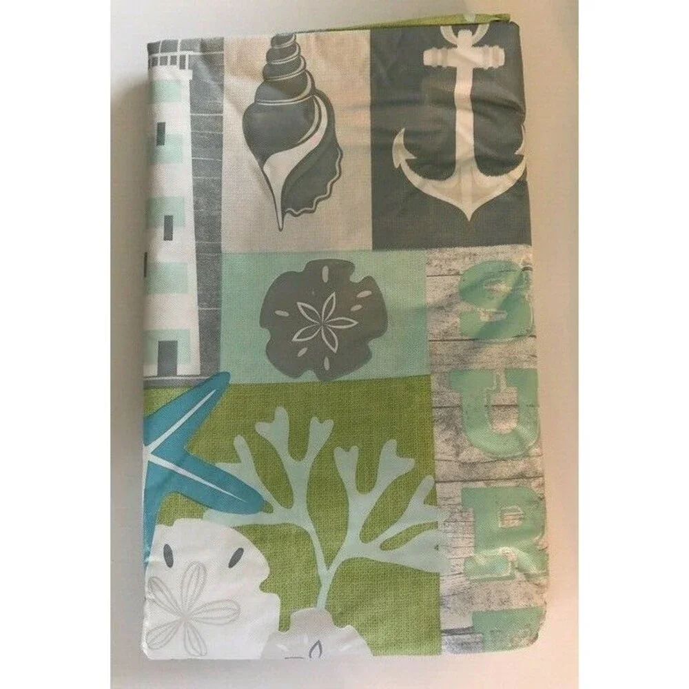 Anchor Zipper Umbrella Hole Tablecloth Vinyl Flannel Backed 70 Rd Nautical Shell